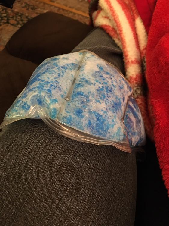 Kneepain. Deb’s knee with an ice pack on it. 